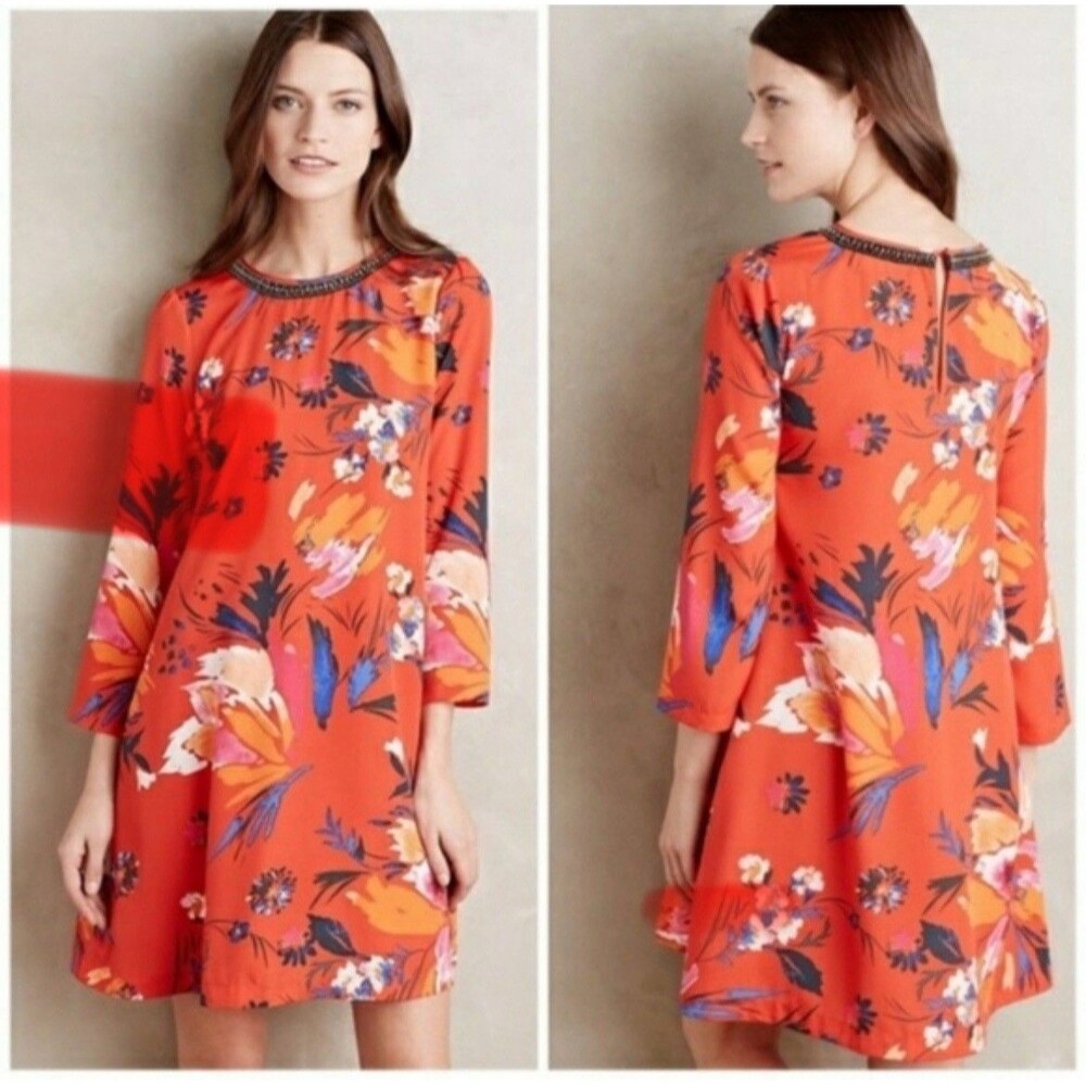 Anthropologie Maeve Sketched Peonies Floral Dress Beaded Neckline Womens Sz M